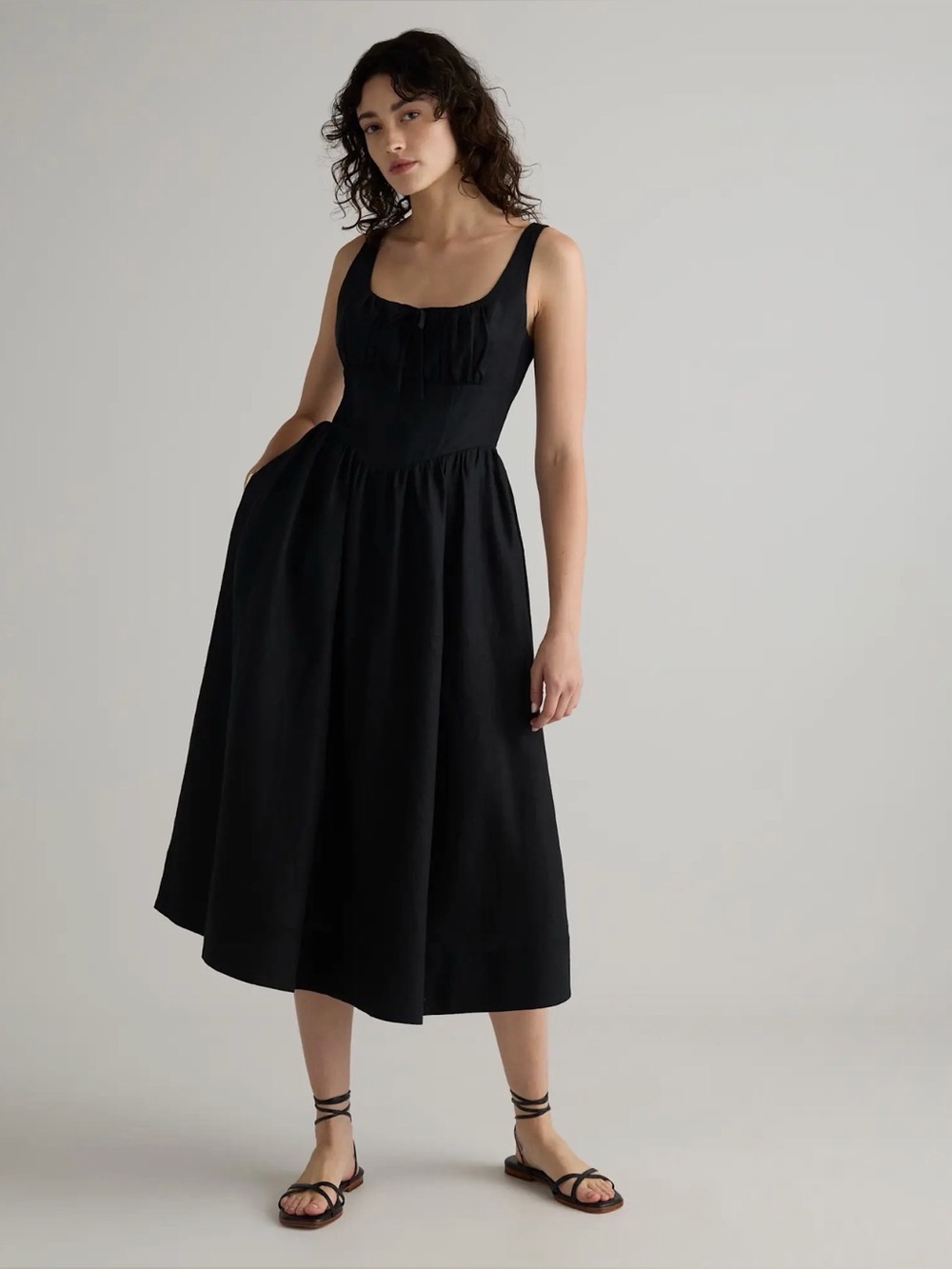 Quince European Linen Corset Midi Dress Black